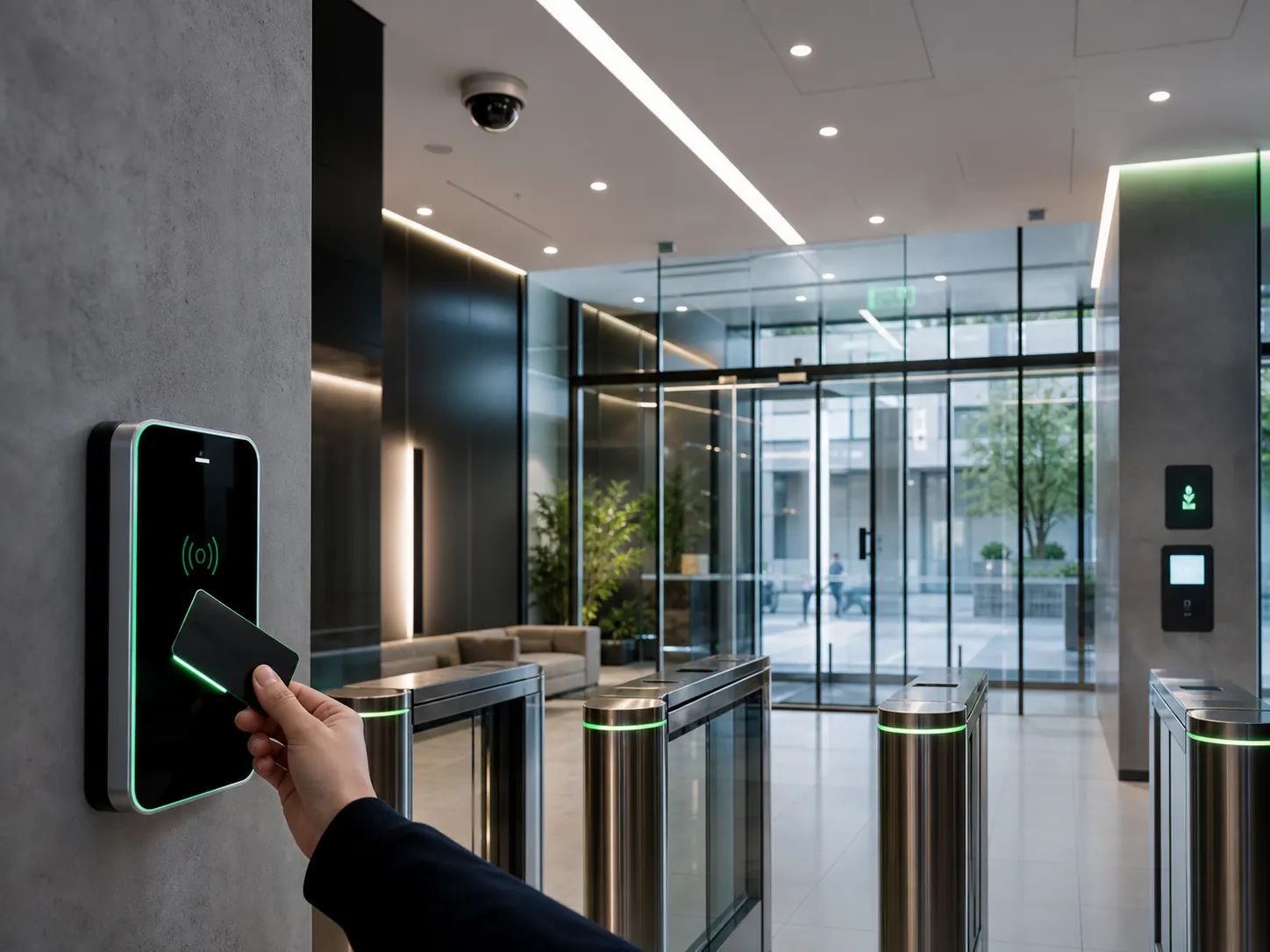Lobby budynku z kontrolą dostępu, monitoringiem i automatyką oświetlenia