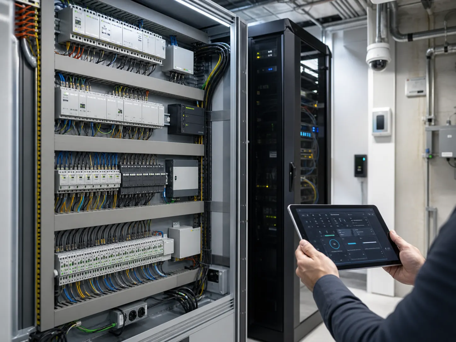 Szafa automatyki budynkowej i infrastruktura BMS w pomieszczeniu technicznym